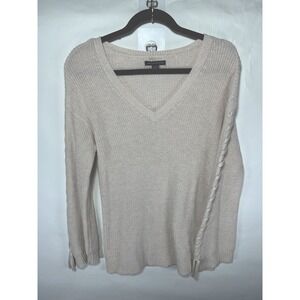 American Eagle Sweater Womens Sz S Pullover Cream V Neck Long Sleeve Lace Up EUC